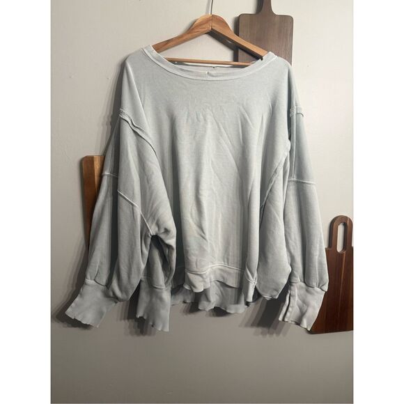 Free People Green Camden Side Slit Cuff Oversized Pullover Sweatshirt Size Large - Picture 1 of 6